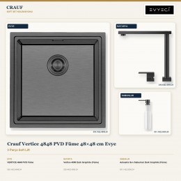 Crauf Vertice 4848 PVD Füme 48×48 cm Evye + Vertice 4050 Batarya + Aynı Renk Sabunluk | 3 Parça Soft Lift