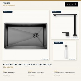 Crauf Vertice 4870 PVD Füme 70×48 cm Evye + Vertice 4050 Batarya + Aynı Renk Sabunluk | 3 Parça Soft Lift