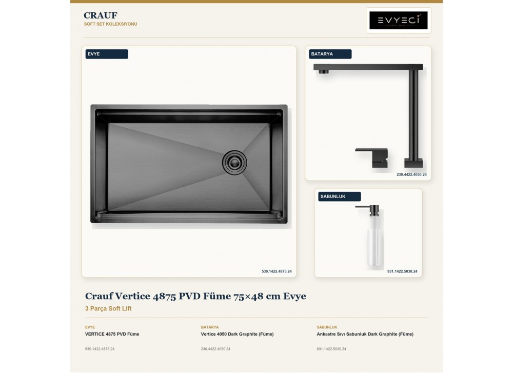 Crauf Vertice 4875 PVD Füme 75×48 cm Evye + Vertice 4050 Batarya + Aynı Renk Sabunluk | 3 Parça Soft Lift Crauf Vertice 4875 PVD Füme 75×48 cm Evye + Vertice 4050 Batarya + Aynı Renk Sabunluk | 3 Parça Soft Lift