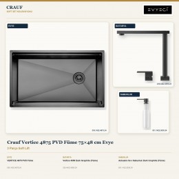Crauf Vertice 4875 PVD Füme 75×48 cm Evye + Vertice 4050 Batarya + Aynı Renk Sabunluk | 3 Parça Soft Lift