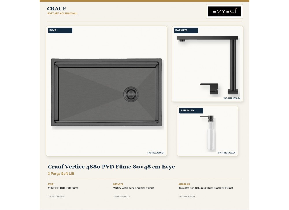 Crauf Vertice 4880 PVD Füme 80×48 cm Evye + Vertice 4050 Batarya + Aynı Renk Sabunluk | 3 Parça Soft Lift Crauf Vertice 4880 PVD Füme 80×48 cm Evye + Vertice 4050 Batarya + Aynı Renk Sabunluk | 3 Parça Soft Lift