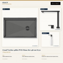 Crauf Vertice 4880 PVD Füme 80×48 cm Evye + Vertice 4050 Batarya + Aynı Renk Sabunluk | 3 Parça Soft Lift