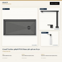Crauf Vertice 4898 PVD Füme 98×48 cm Evye + Vertice 4050 Batarya + Aynı Renk Sabunluk | 3 Parça Soft Lift