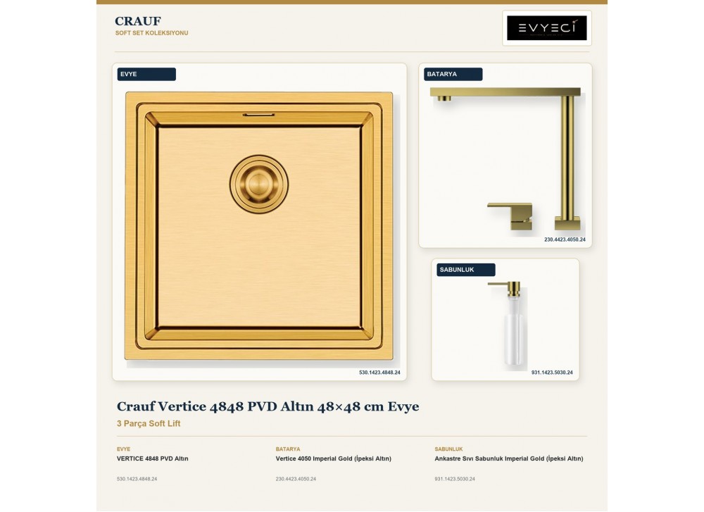 Crauf Vertice 4848 PVD Altın 48×48 cm Evye + Vertice 4050 Batarya + Aynı Renk Sabunluk | 3 Parça Soft Lift Crauf Vertice 4848 PVD Altın 48×48 cm Evye + Vertice 4050 Batarya + Aynı Renk Sabunluk | 3 Parça Soft Lift