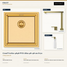 Crauf Vertice 4848 PVD Altın 48×48 cm Evye + Vertice 4050 Batarya + Aynı Renk Sabunluk | 3 Parça Soft Lift