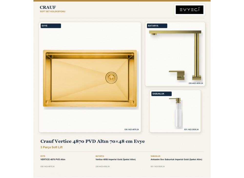 Crauf Vertice 4870 PVD Altın 70×48 cm Evye + Vertice 4050 Batarya + Aynı Renk Sabunluk | 3 Parça Soft Lift Crauf Vertice 4870 PVD Altın 70×48 cm Evye + Vertice 4050 Batarya + Aynı Renk Sabunluk | 3 Parça Soft Lift