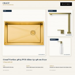 Crauf Vertice 4875 PVD Altın 75×48 cm Evye + Vertice 4050 Batarya + Aynı Renk Sabunluk | 3 Parça Soft Lift