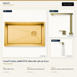 Crauf Vertice 4888 PVD Altın 88×48 cm Evye + Vertice 4050 Batarya + Aynı Renk Sabunluk | 3 Parça Soft Lift