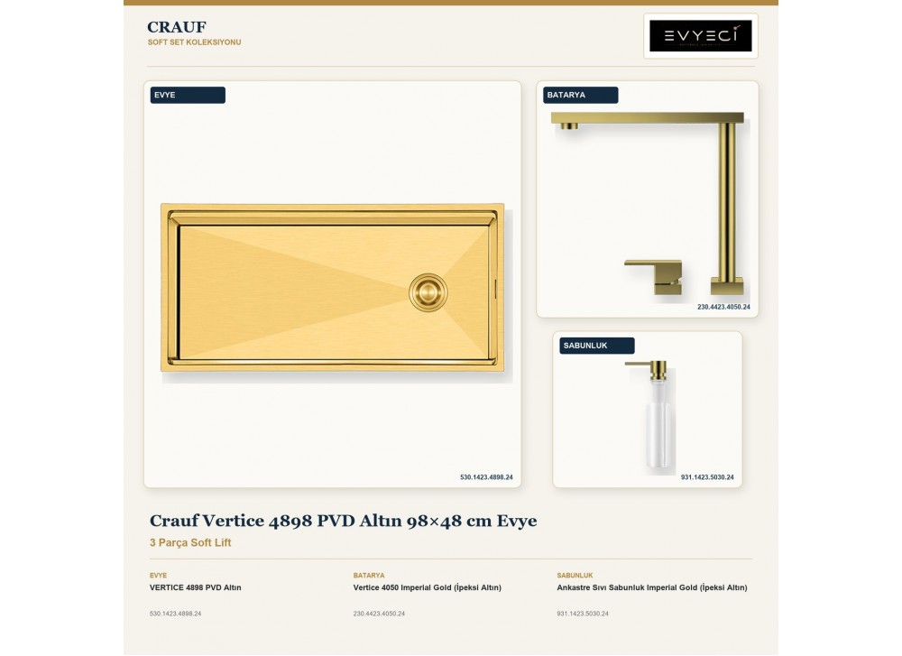Crauf Vertice 4898 PVD Altın 98×48 cm Evye + Vertice 4050 Batarya + Aynı Renk Sabunluk | 3 Parça Soft Lift Crauf Vertice 4898 PVD Altın 98×48 cm Evye + Vertice 4050 Batarya + Aynı Renk Sabunluk | 3 Parça Soft Lift