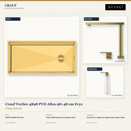 Crauf Vertice 4898 PVD Altın 98×48 cm Evye + Vertice 4050 Batarya + Aynı Renk Sabunluk | 3 Parça Soft Lift
