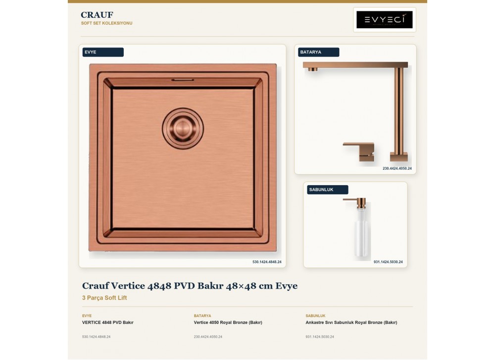 Crauf Vertice 4848 PVD Bakır 48×48 cm Evye + Vertice 4050 Batarya + Aynı Renk Sabunluk | 3 Parça Soft Lift Crauf Vertice 4848 PVD Bakır 48×48 cm Evye + Vertice 4050 Batarya + Aynı Renk Sabunluk | 3 Parça Soft Lift
