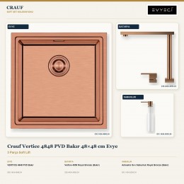 Crauf Vertice 4848 PVD Bakır 48×48 cm Evye + Vertice 4050 Batarya + Aynı Renk Sabunluk | 3 Parça Soft Lift