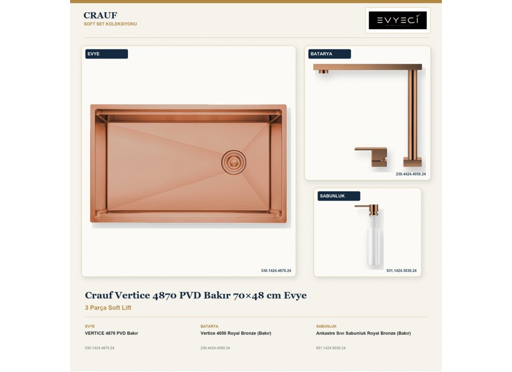 Crauf Vertice 4870 PVD Bakır 70×48 cm Evye + Vertice 4050 Batarya + Aynı Renk Sabunluk | 3 Parça Soft Lift Crauf Vertice 4870 PVD Bakır 70×48 cm Evye + Vertice 4050 Batarya + Aynı Renk Sabunluk | 3 Parça Soft Lift