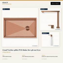 Crauf Vertice 4880 PVD Bakır 80×48 cm Evye + Vertice 4050 Batarya + Aynı Renk Sabunluk | 3 Parça Soft Lift