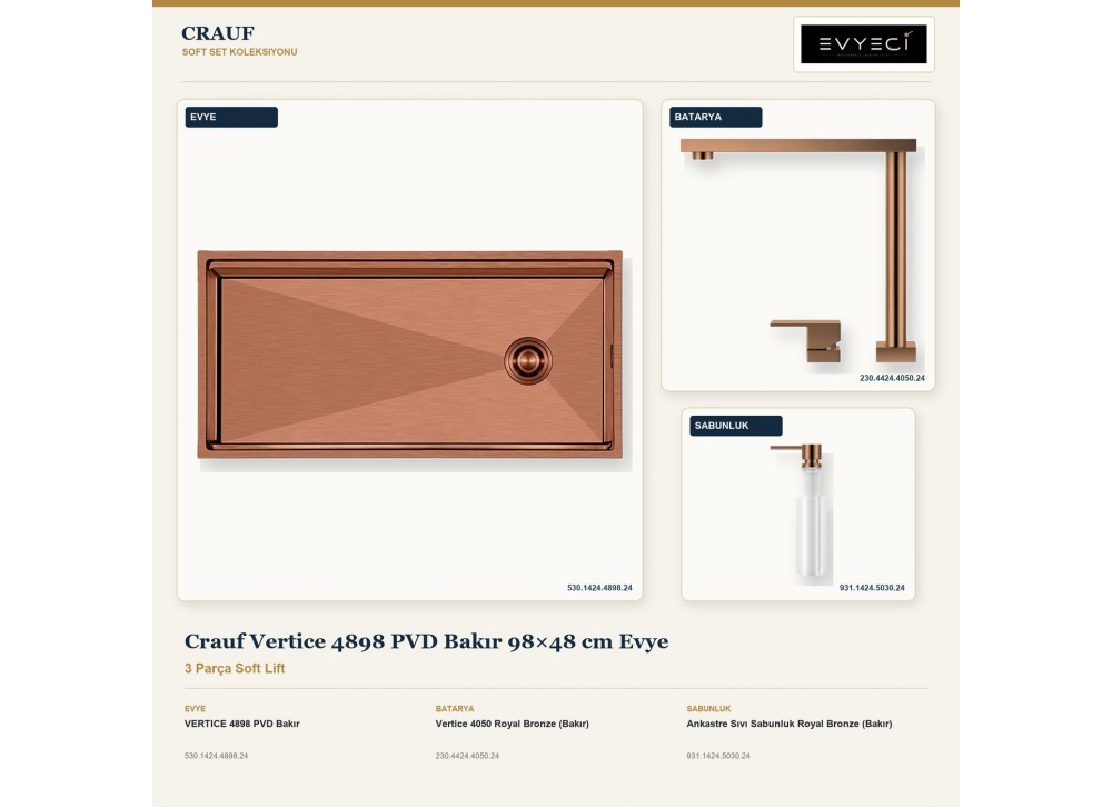 Crauf Vertice 4898 PVD Bakır 98×48 cm Evye + Vertice 4050 Batarya + Aynı Renk Sabunluk | 3 Parça Soft Lift Crauf Vertice 4898 PVD Bakır 98×48 cm Evye + Vertice 4050 Batarya + Aynı Renk Sabunluk | 3 Parça Soft Lift