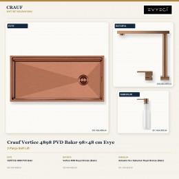 Crauf Vertice 4898 PVD Bakır 98×48 cm Evye + Vertice 4050 Batarya + Aynı Renk Sabunluk | 3 Parça Soft Lift