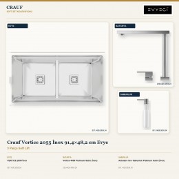 Crauf Vertice 2055 İnox 91,4×48,2 cm Evye + Vertice 4050 Batarya + Aynı Renk Sabunluk | 3 Parça Soft Lift