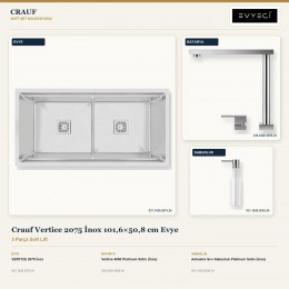 Crauf Vertice 2075 İnox 101,6×50,8 cm Evye + Vertice 4050 Batarya + Aynı Renk Sabunluk | 3 Parça Soft Lift