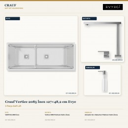 Crauf Vertice 2085 İnox 127×48,2 cm Evye + Vertice 4050 Batarya + Aynı Renk Sabunluk | 3 Parça Soft Lift