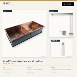 Crauf Vertice 4895 İnox 95×48 cm Evye + Vertice 4050 Batarya + Aynı Renk Sabunluk | 3 Parça Soft Lift
