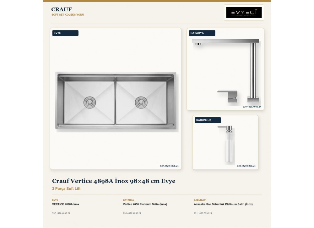 Crauf Vertice 4898A İnox 98×48 cm Evye + Vertice 4050 Batarya + Aynı Renk Sabunluk | 3 Parça Soft Lift Crauf Vertice 4898A İnox 98×48 cm Evye + Vertice 4050 Batarya + Aynı Renk Sabunluk | 3 Parça Soft Lift