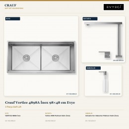 Crauf Vertice 4898A İnox 98×48 cm Evye + Vertice 4050 Batarya + Aynı Renk Sabunluk | 3 Parça Soft Lift