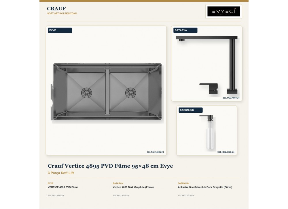 Crauf Vertice 4895 PVD Füme 95×48 cm Evye + Vertice 4050 Batarya + Aynı Renk Sabunluk | 3 Parça Soft Lift Crauf Vertice 4895 PVD Füme 95×48 cm Evye + Vertice 4050 Batarya + Aynı Renk Sabunluk | 3 Parça Soft Lift