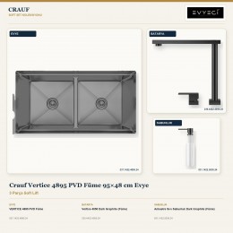 Crauf Vertice 4895 PVD Füme 95×48 cm Evye + Vertice 4050 Batarya + Aynı Renk Sabunluk | 3 Parça Soft Lift