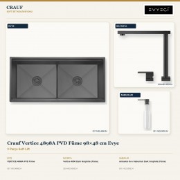 Crauf Vertice 4898A PVD Füme 98×48 cm Evye + Vertice 4050 Batarya + Aynı Renk Sabunluk | 3 Parça Soft Lift