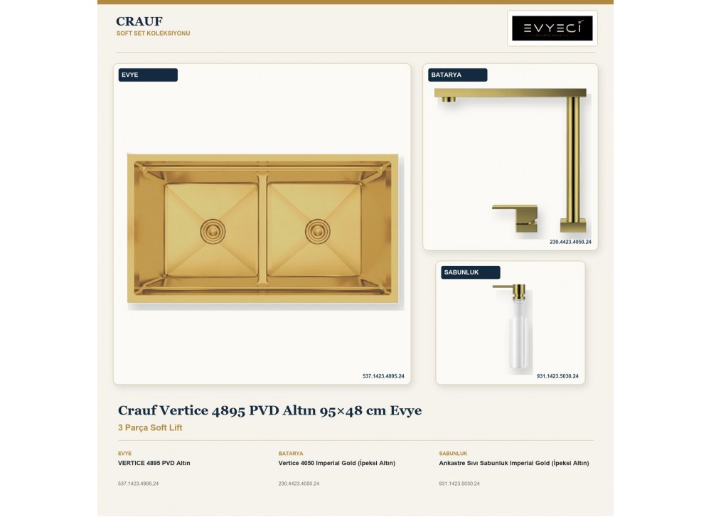 Crauf Vertice 4895 PVD Altın 95×48 cm Evye + Vertice 4050 Batarya + Aynı Renk Sabunluk | 3 Parça Soft Lift Crauf Vertice 4895 PVD Altın 95×48 cm Evye + Vertice 4050 Batarya + Aynı Renk Sabunluk | 3 Parça Soft Lift
