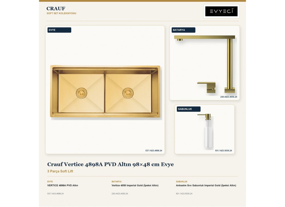 Crauf Vertice 4898A PVD Altın 98×48 cm Evye + Vertice 4050 Batarya + Aynı Renk Sabunluk | 3 Parça Soft Lift Crauf Vertice 4898A PVD Altın 98×48 cm Evye + Vertice 4050 Batarya + Aynı Renk Sabunluk | 3 Parça Soft Lift