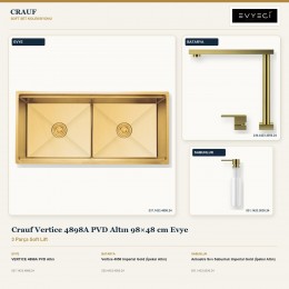 Crauf Vertice 4898A PVD Altın 98×48 cm Evye + Vertice 4050 Batarya + Aynı Renk Sabunluk | 3 Parça Soft Lift