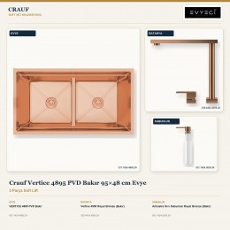Crauf Vertice 4895 PVD Bakır 95×48 cm Evye + Vertice 4050 Batarya + Aynı Renk Sabunluk | 3 Parça Soft Lift