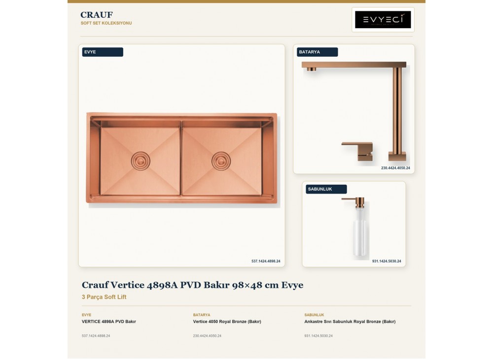 Crauf Vertice 4898A PVD Bakır 98×48 cm Evye + Vertice 4050 Batarya + Aynı Renk Sabunluk | 3 Parça Soft Lift Crauf Vertice 4898A PVD Bakır 98×48 cm Evye + Vertice 4050 Batarya + Aynı Renk Sabunluk | 3 Parça Soft Lift