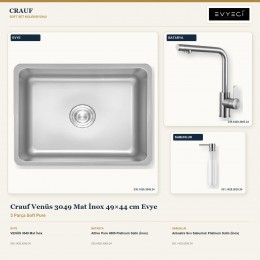 Crauf Venüs 3049 Mat İnox 49×44 cm Evye + Attivo Pure 4065 Batarya + Aynı Renk Sabunluk | 3 Parça Soft Pure