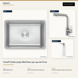 Crauf Venüs 3054 Mat İnox 54×44 cm Evye + Attivo Pure 4065 Batarya + Aynı Renk Sabunluk | 3 Parça Soft Pure