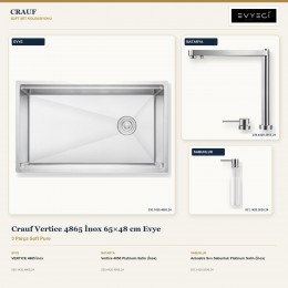 Crauf Vertice 4865 İnox 65×48 cm Evye + Vertice 4055 Batarya + Aynı Renk Sabunluk | 3 Parça Soft Pure
