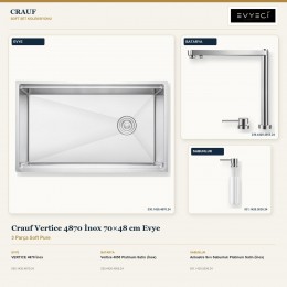 Crauf Vertice 4870 İnox 70×48 cm Evye + Vertice 4055 Batarya + Aynı Renk Sabunluk | 3 Parça Soft Pure