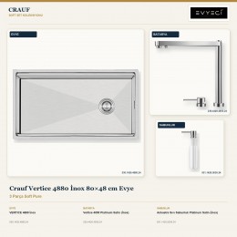 Crauf Vertice 4880 İnox 80×48 cm Evye + Vertice 4055 Batarya + Aynı Renk Sabunluk | 3 Parça Soft Pure