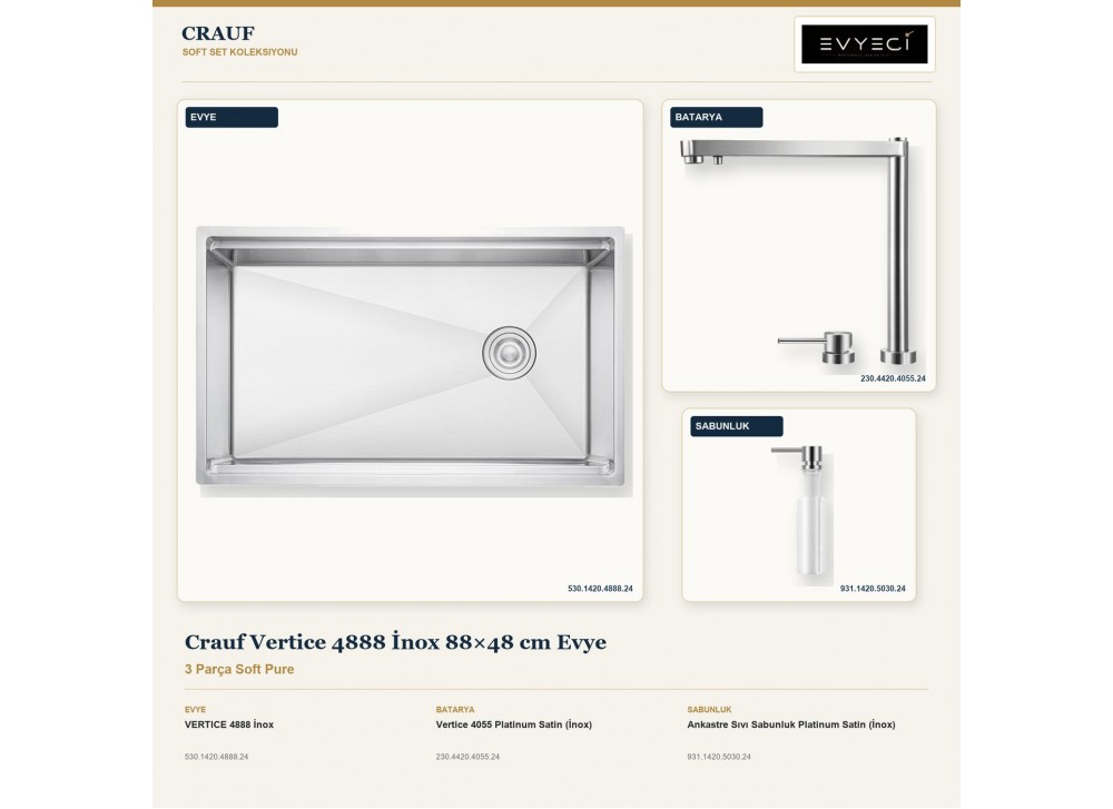 Crauf Vertice 4888 İnox 88×48 cm Evye + Vertice 4055 Batarya + Aynı Renk Sabunluk | 3 Parça Soft Pure Crauf Vertice 4888 İnox 88×48 cm Evye + Vertice 4055 Batarya + Aynı Renk Sabunluk | 3 Parça Soft Pure