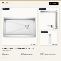 Crauf Vertice 4888 İnox 88×48 cm Evye + Vertice 4055 Batarya + Aynı Renk Sabunluk | 3 Parça Soft Pure