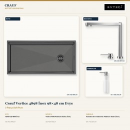 Crauf Vertice 4898 İnox 98×48 cm Evye + Vertice 4055 Batarya + Aynı Renk Sabunluk | 3 Parça Soft Pure