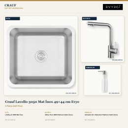 Crauf Lavello 3050 Mat İnox 49×44 cm Evye + Attivo Pure 4065 Batarya + Aynı Renk Sabunluk | 3 Parça Soft Pure