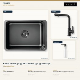 Crauf Venüs 3049 PVD Füme 49×44 cm Evye + Attivo Pure 4065 Batarya + Aynı Renk Sabunluk | 3 Parça Soft Pure