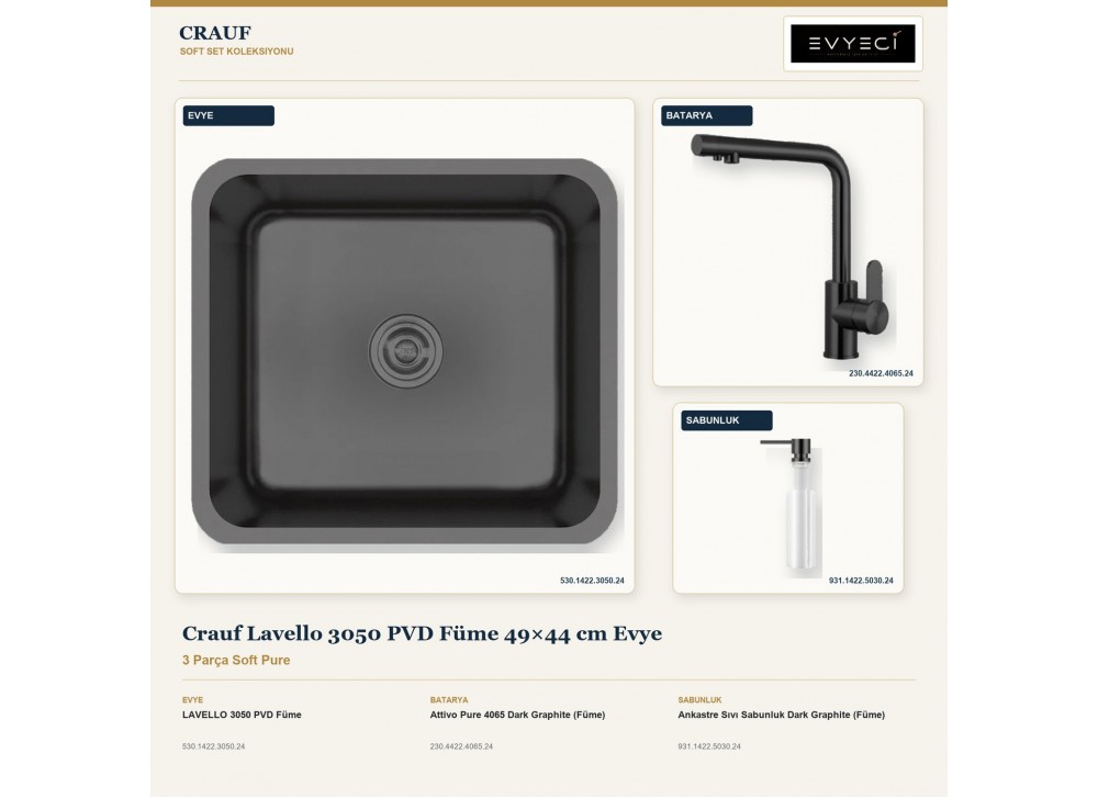 Crauf Lavello 3050 PVD Füme 49×44 cm Evye + Attivo Pure 4065 Batarya + Aynı Renk Sabunluk | 3 Parça Soft Pure Crauf Lavello 3050 PVD Füme 49×44 cm Evye + Attivo Pure 4065 Batarya + Aynı Renk Sabunluk | 3 Parça Soft Pure