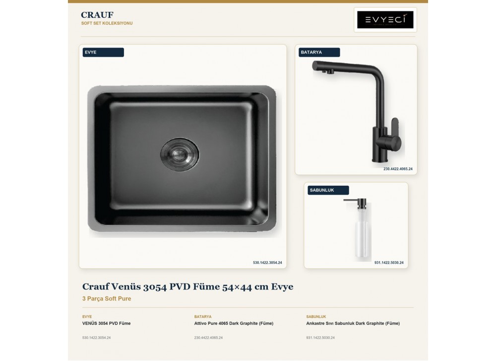 Crauf Venüs 3054 PVD Füme 54×44 cm Evye + Attivo Pure 4065 Batarya + Aynı Renk Sabunluk | 3 Parça Soft Pure Crauf Venüs 3054 PVD Füme 54×44 cm Evye + Attivo Pure 4065 Batarya + Aynı Renk Sabunluk | 3 Parça Soft Pure