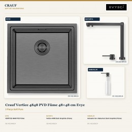 Crauf Vertice 4848 PVD Füme 48×48 cm Evye + Vertice 4055 Batarya + Aynı Renk Sabunluk | 3 Parça Soft Pure