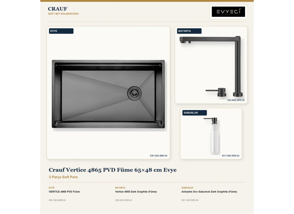 Crauf Vertice 4865 PVD Füme 65×48 cm Evye + Vertice 4055 Batarya + Aynı Renk Sabunluk | 3 Parça Soft Pure Crauf Vertice 4865 PVD Füme 65×48 cm Evye + Vertice 4055 Batarya + Aynı Renk Sabunluk | 3 Parça Soft Pure