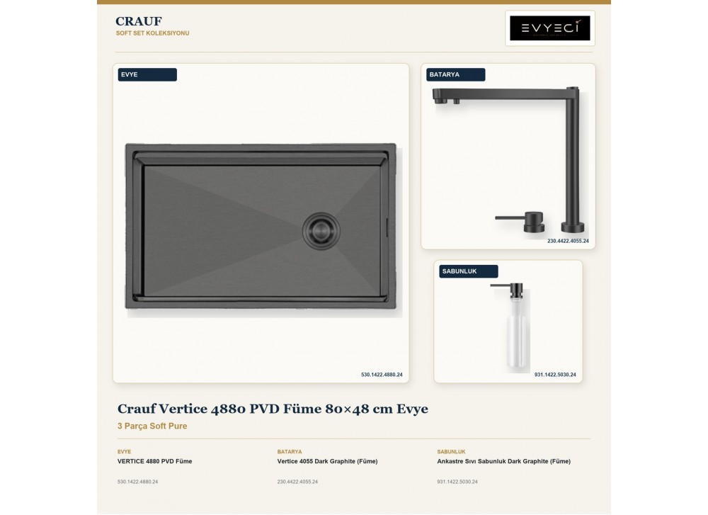 Crauf Vertice 4880 PVD Füme 80×48 cm Evye + Vertice 4055 Batarya + Aynı Renk Sabunluk | 3 Parça Soft Pure Crauf Vertice 4880 PVD Füme 80×48 cm Evye + Vertice 4055 Batarya + Aynı Renk Sabunluk | 3 Parça Soft Pure