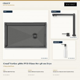 Crauf Vertice 4880 PVD Füme 80×48 cm Evye + Vertice 4055 Batarya + Aynı Renk Sabunluk | 3 Parça Soft Pure